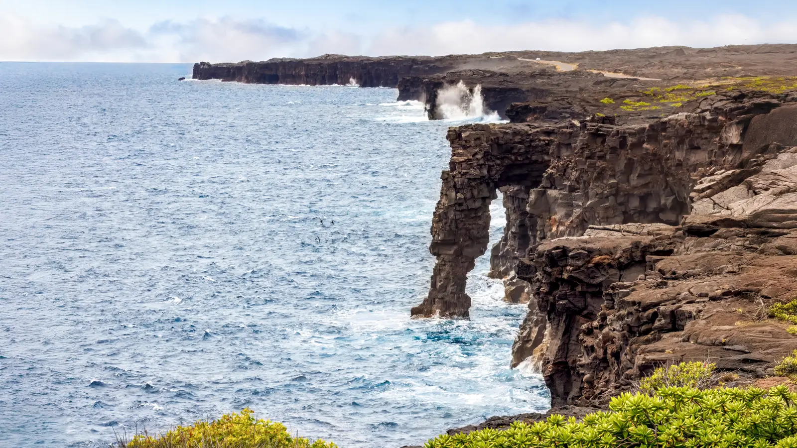 The Hōlei Sea Arch cut into the lava sea cliffs at the end of Chain of Craters Road