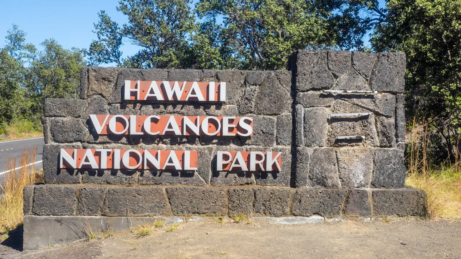 The lava rock entrance sign at Hawaii Volcanoes National Park